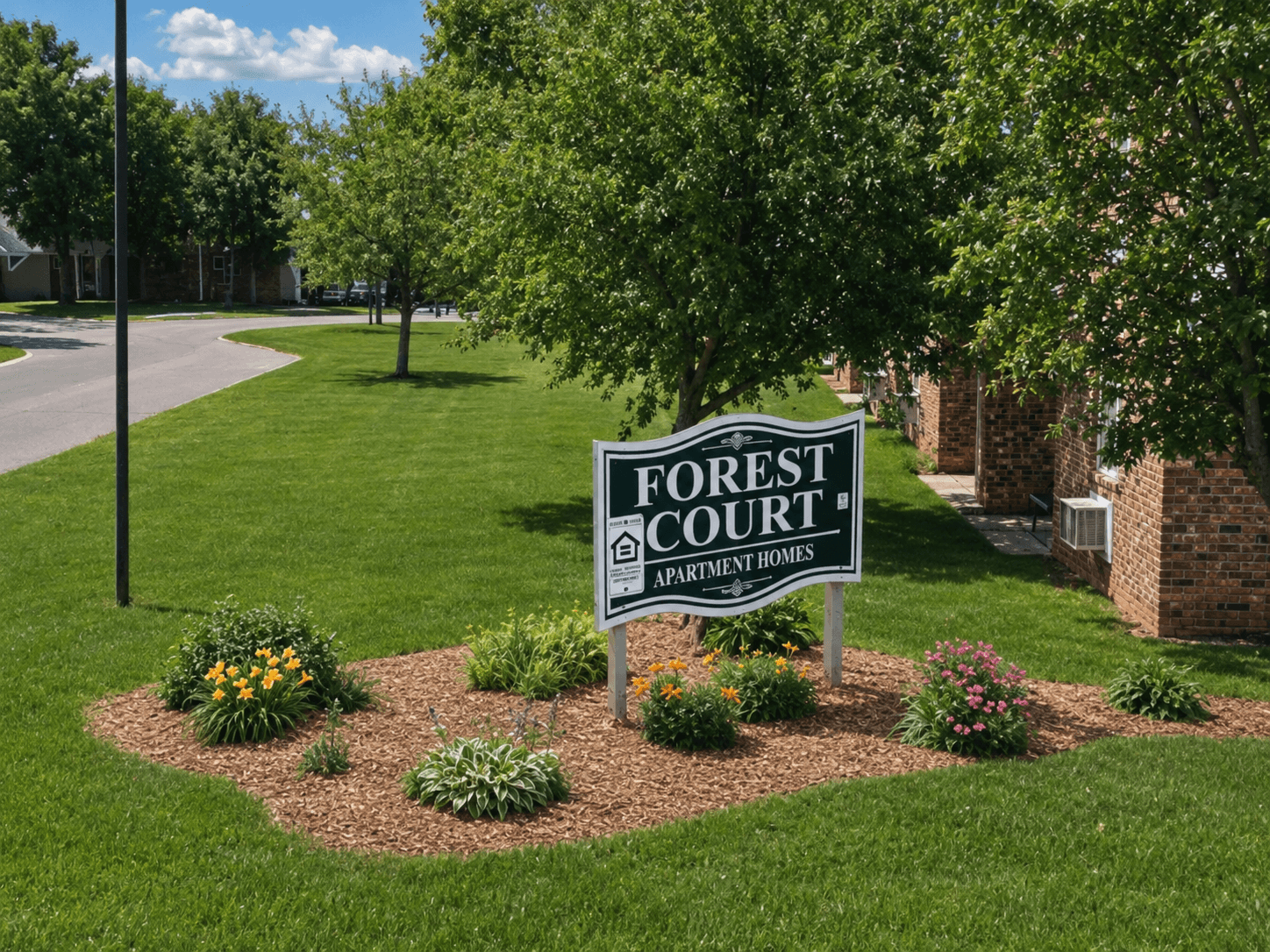 A sign for Forest Court Apartment Homes is in the foreground of a grassy area.